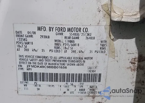 2008 Ford Edge Limited from USA, damaged, VIN 2FMDK49C98BB01656